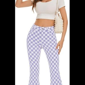 Purple Flare Wide Leg Jeans with Retro Checkerboard Pattern